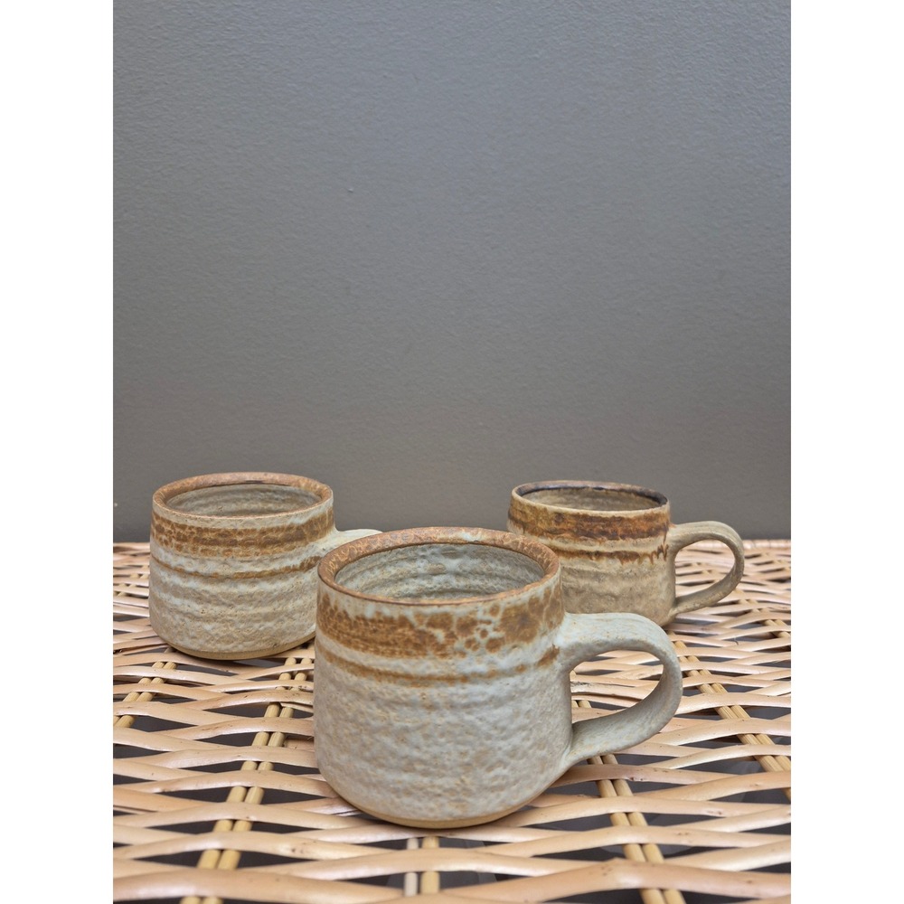 Set of 3 Studio Pottery Mugs MCM Brutalist Textured Stoneware Wabi Sabi Brown